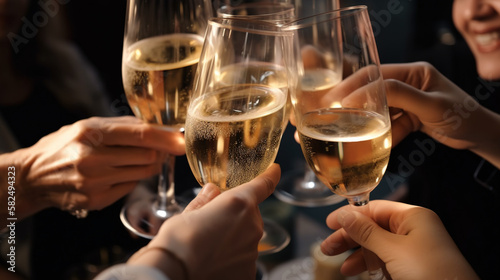 Friends raise glasses of champagne. AI © Oleksandr Blishch