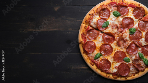 Pepperoni pizza on wooden background top view, copy space. AI