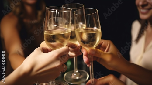 Friends raise glasses of champagne. AI