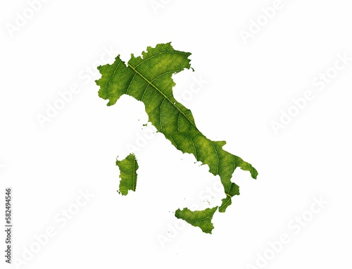 Italy map made of green leaves isolated on a white background. Ecology concept.