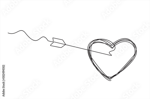 Continuous line drawing of arrow in center of heart. Vector illustration.