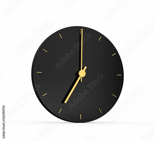 3D rendering of a premium gold clock icon of 7 o'clock isolated on black background