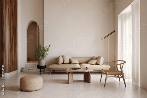 Trendy minimalistic japandi modern interior in beige tones. Home fashion 2023. Spacious living room. Photorealistic illustration generated by AI.