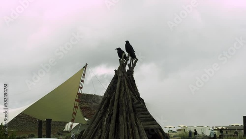 Ravens Perched on Teepee at West Grand Canyon