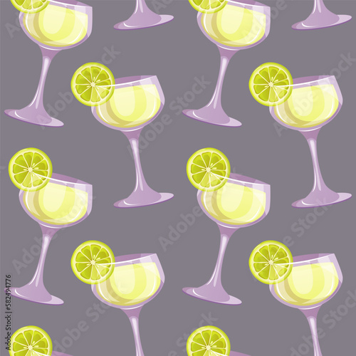 Seamless pattern of Daiquiri classic cocktail with lime. Italian aperitif cocktails. Alcoholic beverage for drinks bar menu. Beach Holidays, summer vacation, party, cafe bar, recreation. Vector