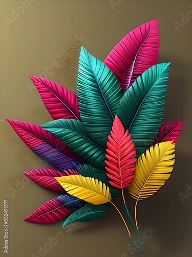 Colorful abstract tropical leaves on blank background, generative AI 