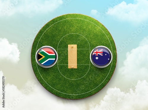 3D illustration of South Africa vs Australia cricket flags with shield on a cricket stadium