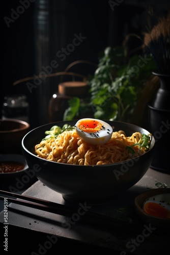 Ramen in a bowl. Delicious japanese noodles. Generative AI.