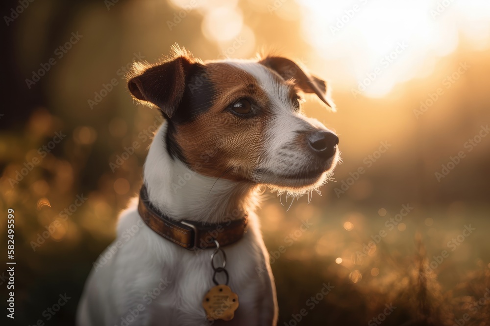 Over a background of trees and lush grass that is blurred, a Jack Russell dog is looking up. A gorgeous puppy is wearing a collar around his neck. The image is hazy. Generative AI