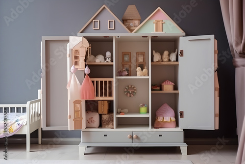 AI Generative, Children shelves stirrage with toys, kidroom interior furniture concept photo