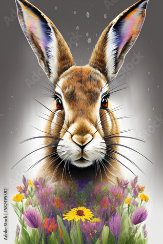 Gentle spring illustration - rabbit with flowers. Nursery decor, wall art, printable illustration. generative AI 