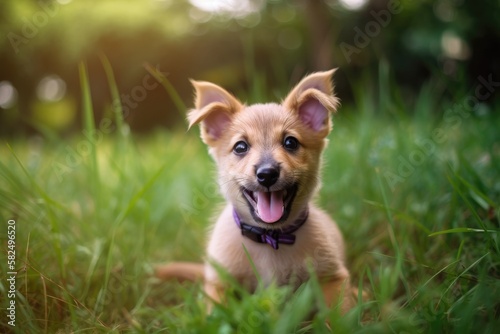 Good times, Cute puppy with a purple shirt sits and smiles in the park grass as the background is softly focused. Generative AI © AkuAku