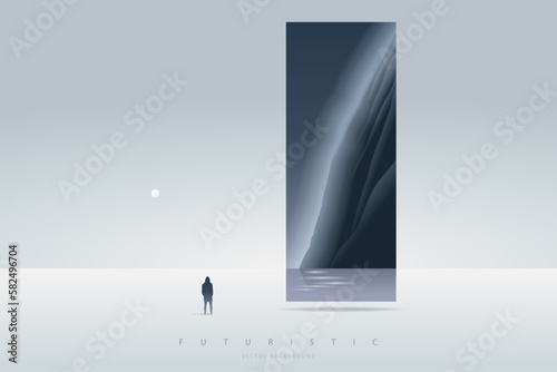Futuristic technology background with a lonely figure. Sci-Fi poster. Minimal mountain landscape.  Abstract art wallpaper for web, prints, art decoration and applications. Vector illustration