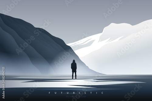 Futuristic technology background with a lonely figure. Sci-Fi poster. Minimal mountain landscape.  Abstract art wallpaper for web, prints, art decoration and applications. Vector illustration