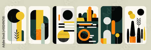 Minimalist landscape set. Bauhaus. Grunge texture. Mid century modern graphic. 70s retro funky graphic. Abstract shapes. Design elements for social media, blog post, banner, card. Vector illustration