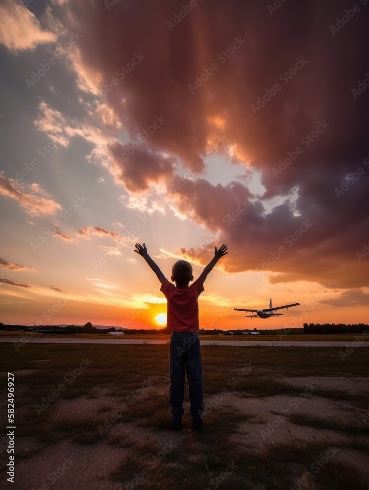 Little boy waving both hands to the plane in the air. Beautiful sunset sky with pink clouds at backdrop. Generative AI.