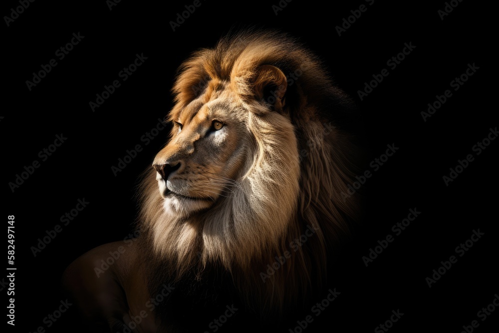 Gorgeous image of a lion set against a dark background. Generative AI