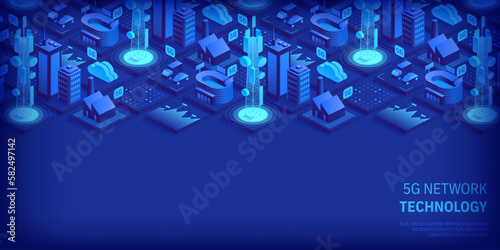 5g network technology concept. Wireless mobile telecommunication service. City buildings with telecommunication towers. Marketing website landing template. Isometric vector illustration.