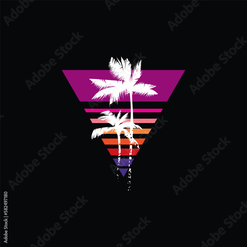 Original vector illustration in vintage style. Retro sunset collection in triangular shape. T-shirt design, design element.