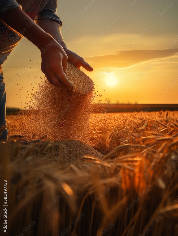 Male hands pouring grain in the wheat field. Dry yellow spikes in the field around at sunset time. Generative AI. - obrazy, fototapety, plakaty 