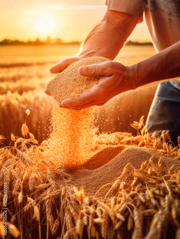Adult male hands holding the grains of wheat. Ripe wheat in the farmland around. Sunset backdrop. Generative AI. - obrazy, fototapety, plakaty 