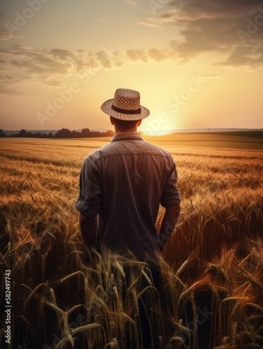 Young broad-shouldered man in hat stands in the wheat spikes. Rear view male figure in jeans shirt looking at farmland at sunset. Generative AI. © Vadim