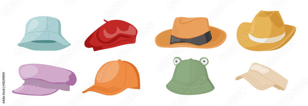 Hollow male and female hats and caps with ribbons isolated on white background vector set