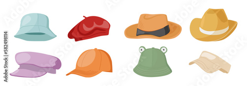 Hollow male and female hats and caps with ribbons isolated on white background vector set