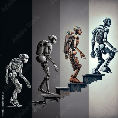 Evolution of technology. Darwin's evolution but for robots. Artificial intelligence, AI. Generative AI. 