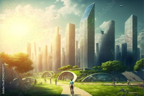 Eco city of the future. Skyline in a clean environment. Urban city. Desktop background. Generative AI. 
