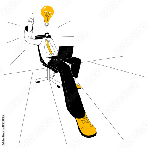 A man in business clothes is sitting in an office chair and thinking about an idea in the form of an electric light bulb. Vector illustration for big ideas.