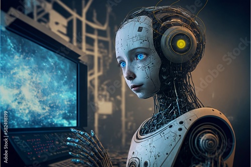 Future technology of AI. Robot AI controlling the world. Robots vs humans. Generative AI. 