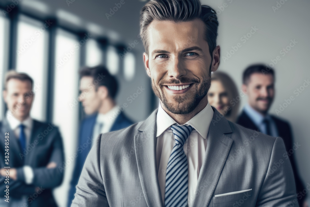 Manager or CEO with a smile, mission and vision in the office and team in the background. AI generated Manager or CEO with a smile, mission and vision in the office and team in the background. AI generated
