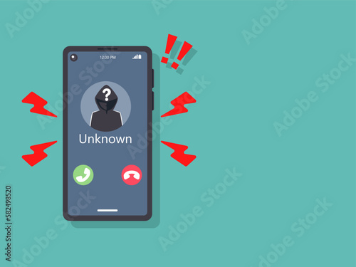 Beware of the criminal. Smartphone call from unknown or stranger number. Scam, Prank, Fraud, and phishing on a mobile phone. Vector illustration flat design.