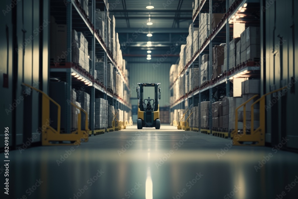 Forklift stop at aisle of mega modern warehouse, AI generated