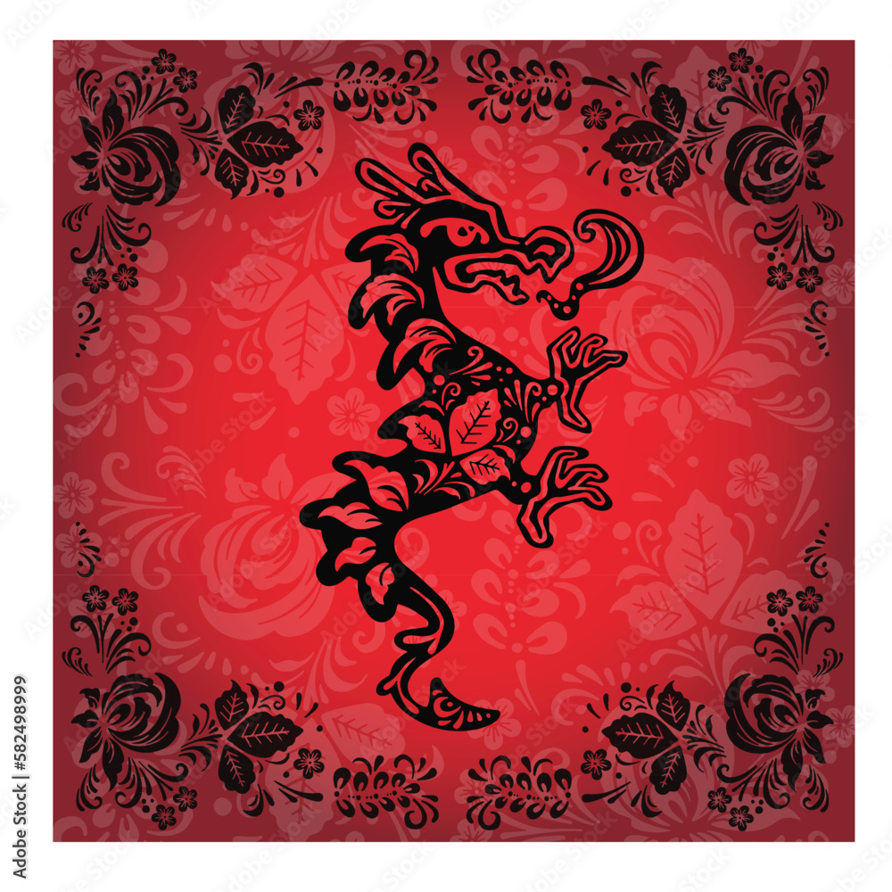 Black ethnic boho dragon and monster on red banner background Black ethnic boho dragon and monster on red banner background