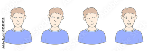 Set of a young man heads with different expressions and in flat style. Character network people and faces collection.