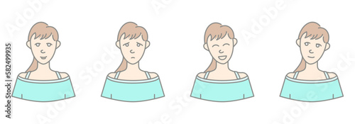Set of a young girl heads with different expressions and in flat style. Character network people and faces collection.