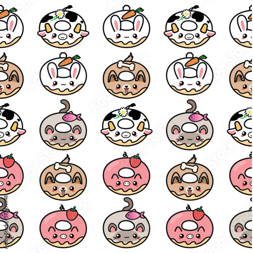 Cute kawaii pattern with donuts in shape of domestic animals cow cat dog rabbit pig