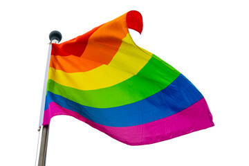 Rainbow flag on a pole floating in the wind isolated on transparent background, LGBTQ June month pride, png cut out