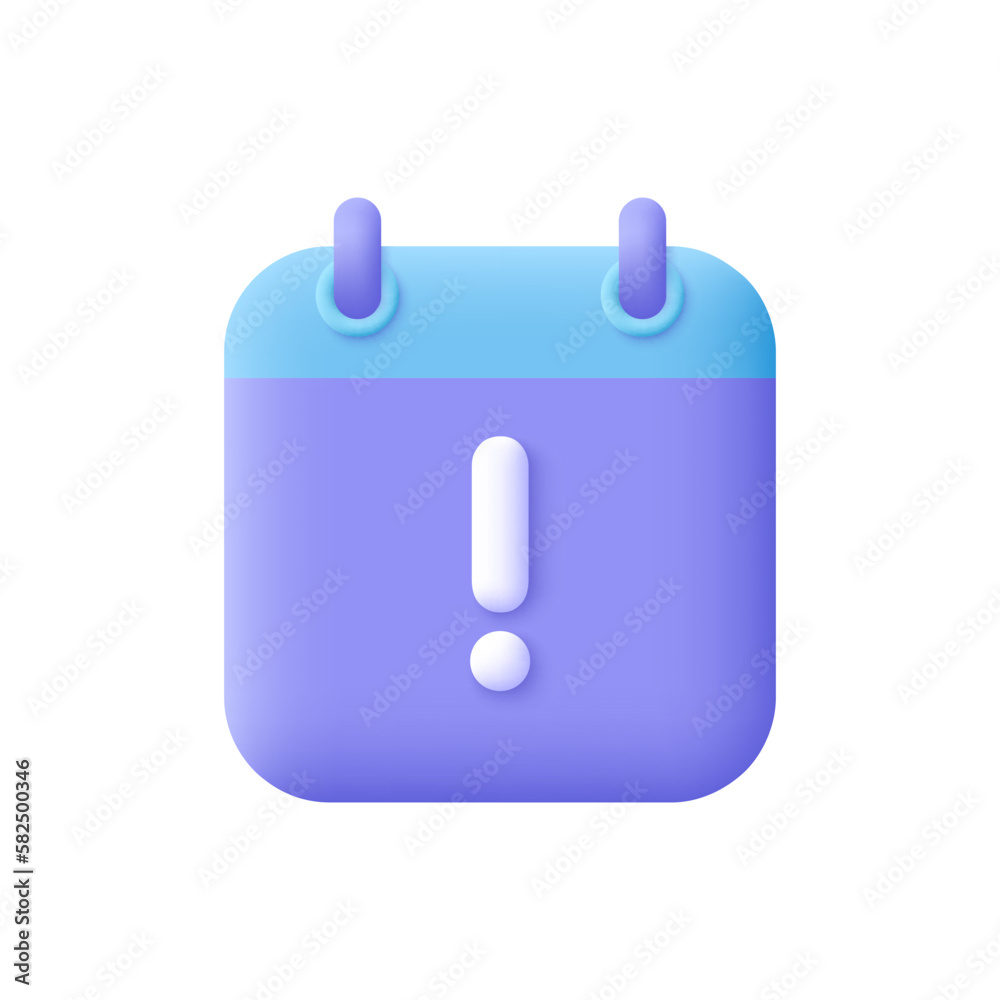 Calendar with exclamation point. Reminder, attention and notification concept. 3d vector icon. Cartoon minimal style. Calendar with exclamation point. Reminder, attention and notification concept. 3d vector icon. Cartoon minimal style.