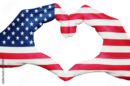 USA flag painted on hands forming a heart isolated on transparent background, USA national and patriotism concept, independence day 4th of July png file