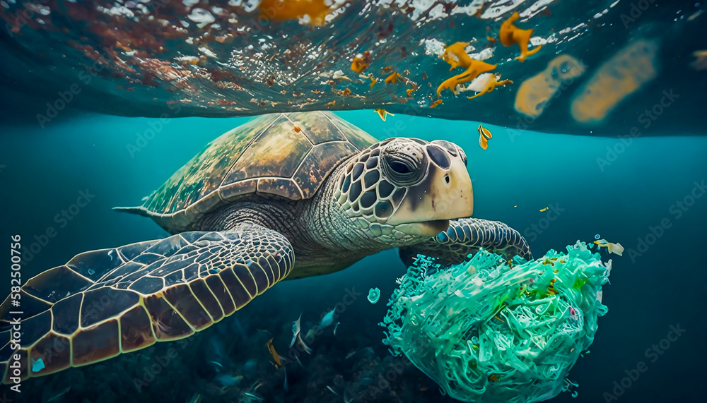 Obraz premium sea turtle swimming over plastic wastes in sea, Generative AI
