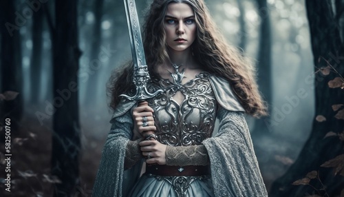 Fotografia Mystical Beautiful Sorceress Warrior in Beautiful Silver Dress and Sword Fantasy