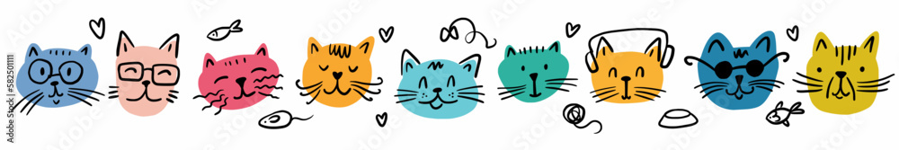 Vector horizontal pattern with the muzzles of different cats, hand-drawn in the style of a doodle Vector horizontal pattern with the muzzles of different cats, hand-drawn in the style of a doodle