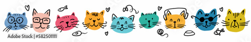 Vector horizontal pattern with the muzzles of different cats, hand-drawn in the style of a doodle