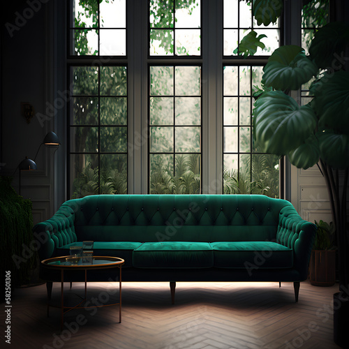 Green couch in a cozy modern living room interior with big windows, Generative AI
 photo