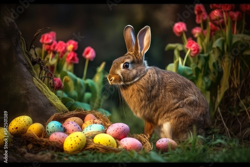 Cute easter bunny and colorful easter eggs in the garden with spring flowers in the background  generative ai