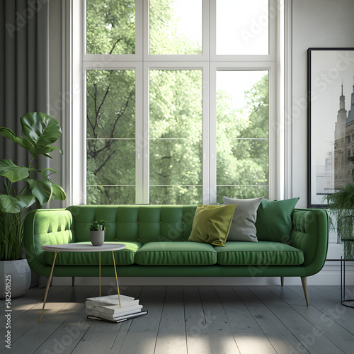 Green couch in a cozy modern living room interior with big windows, Generative AI
 photo