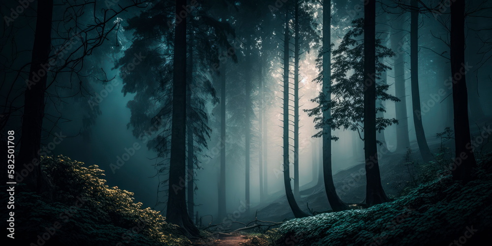 Fototapeta premium A dark and moody forest with mist and fog Generative AI